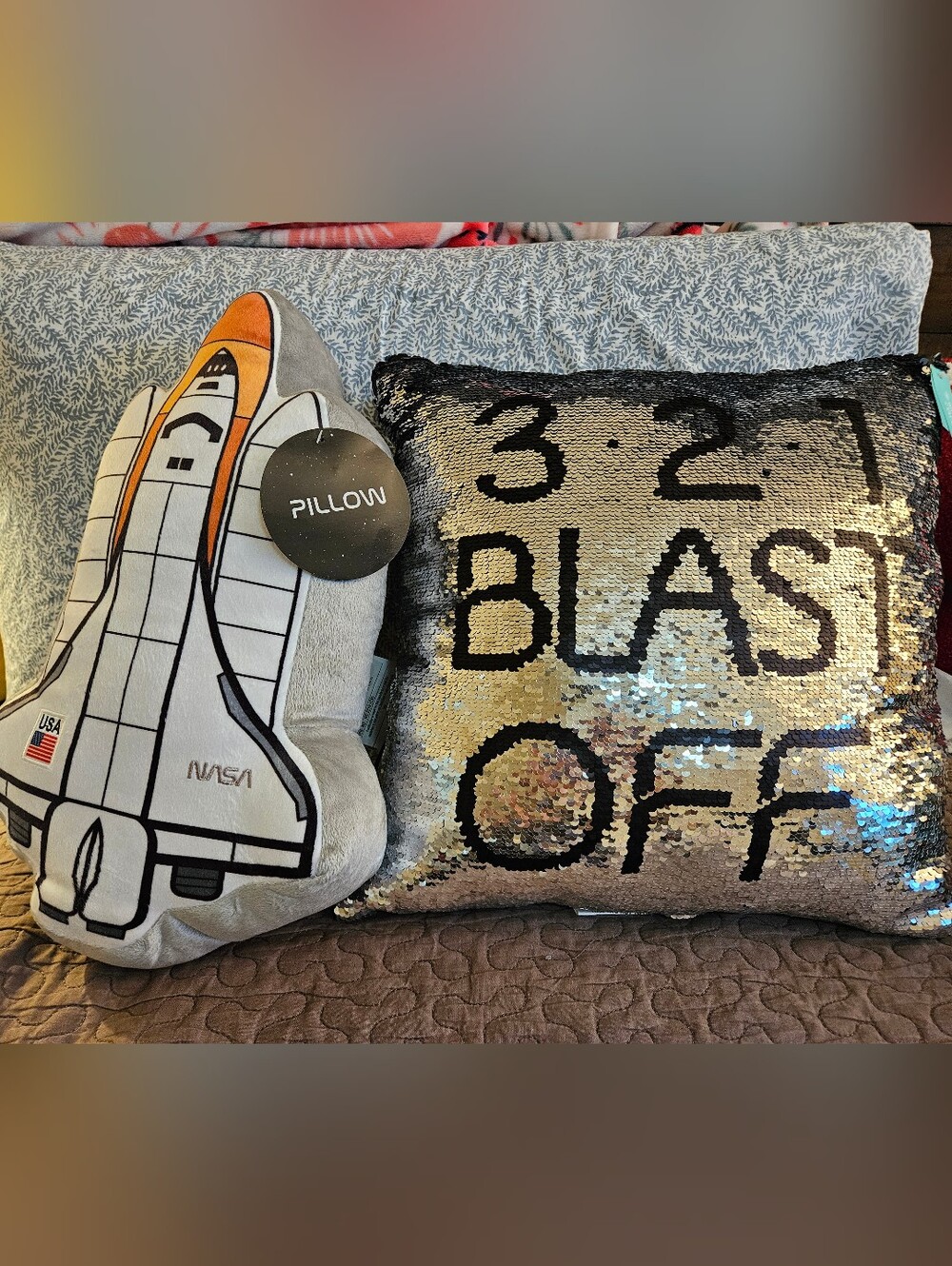 NASA Space Shuttle Plush Pillow with Black/Gold Sequin Accent